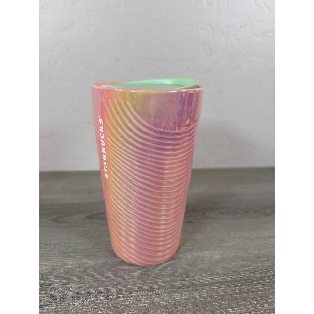 Starbucks 2023 Iridescent Pink Ribbed Ceramic Travel Tumbler Mug 12oz Green Lid
